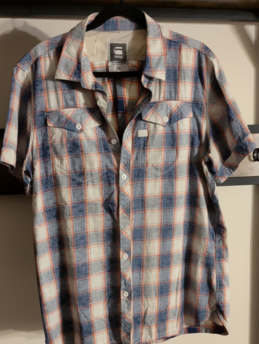G-Star Men's Blue, Cream & Orange Plaid Short Sleeve Button-Up Shirt